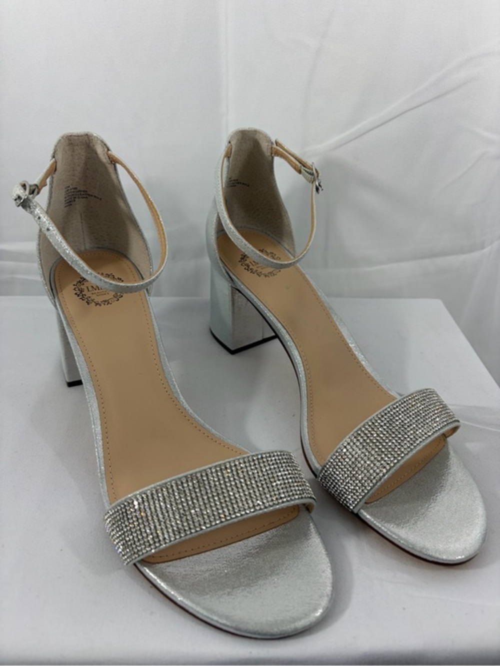 NWT I. Miller Women's Size 10 Crystal Silver Ankle-Strap Block Heel Sandals